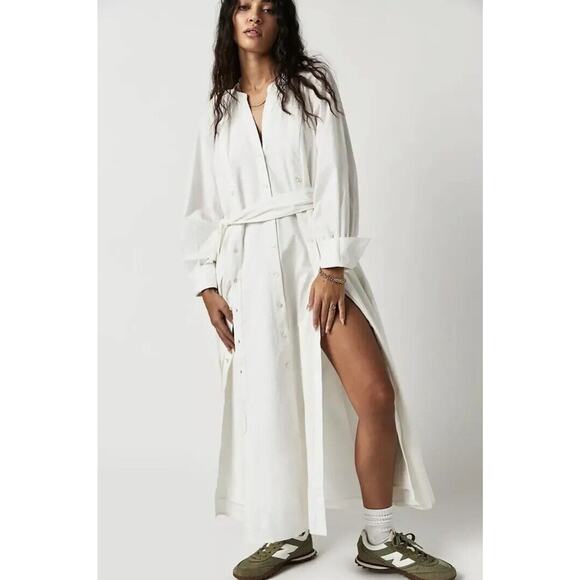 Free People Charlie White Maxi Shirt Dress Long Sleeve V-Neck Button Front Sz XS - Picture 1 of 16